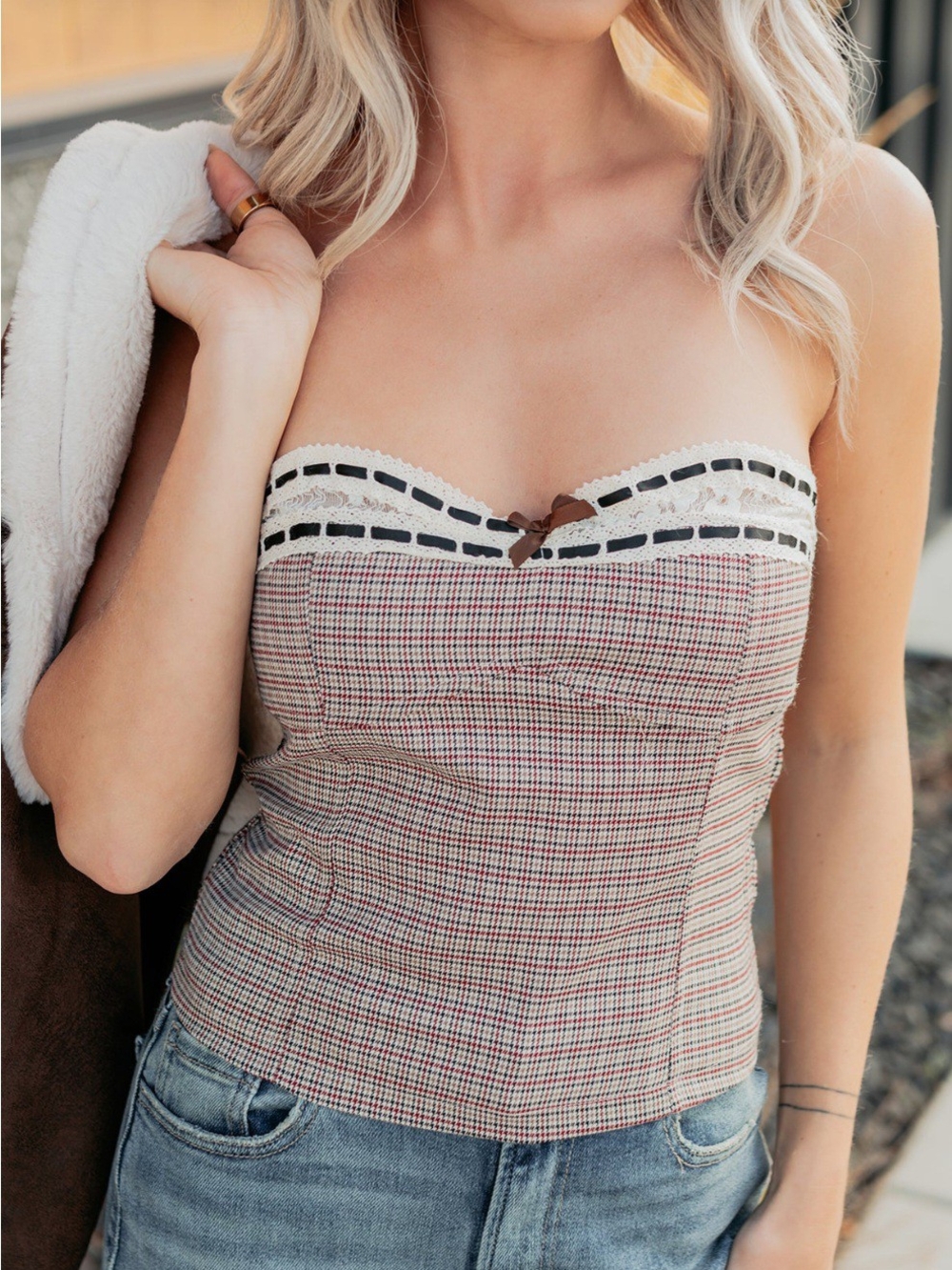 Strapless Plaid Bustier Top in Cream and Brown